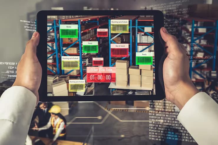 Tablet showing warehouse shelves with stock-level labels such as ready, running out of stock and out of stock