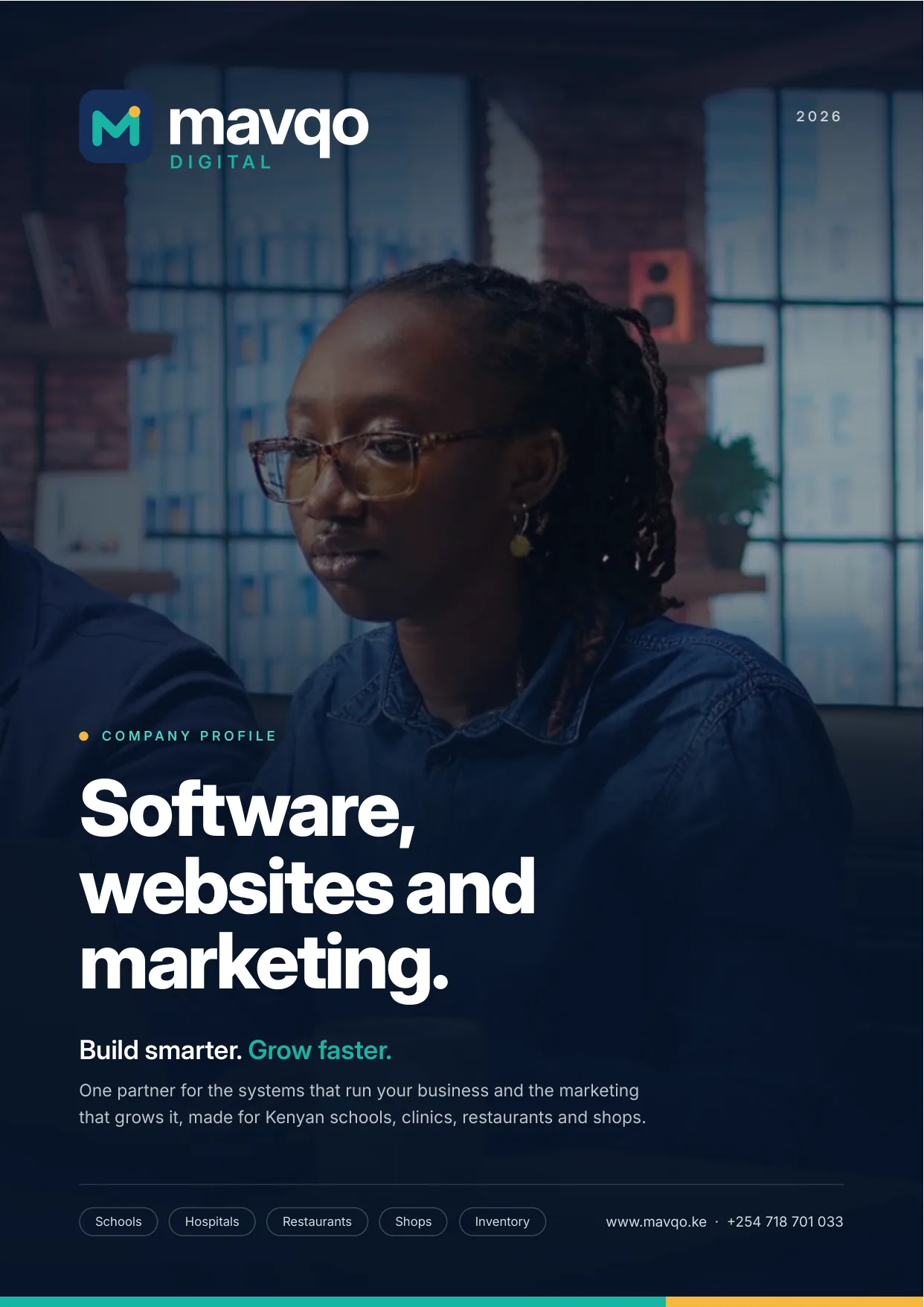 Page 1. Cover: Software, websites and marketing. Build smarter, grow faster — one partner for Kenyan schools, clinics, restaurants and shops.