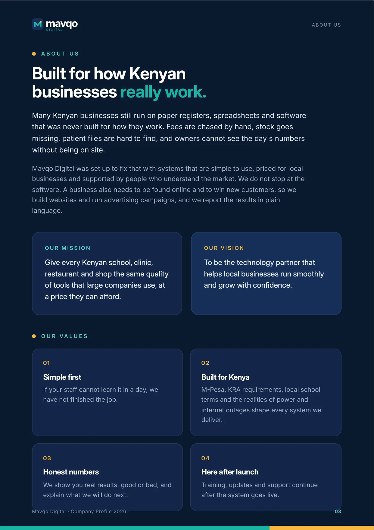 Page 3. About us: built for how Kenyan businesses really work — our mission, vision and four values.