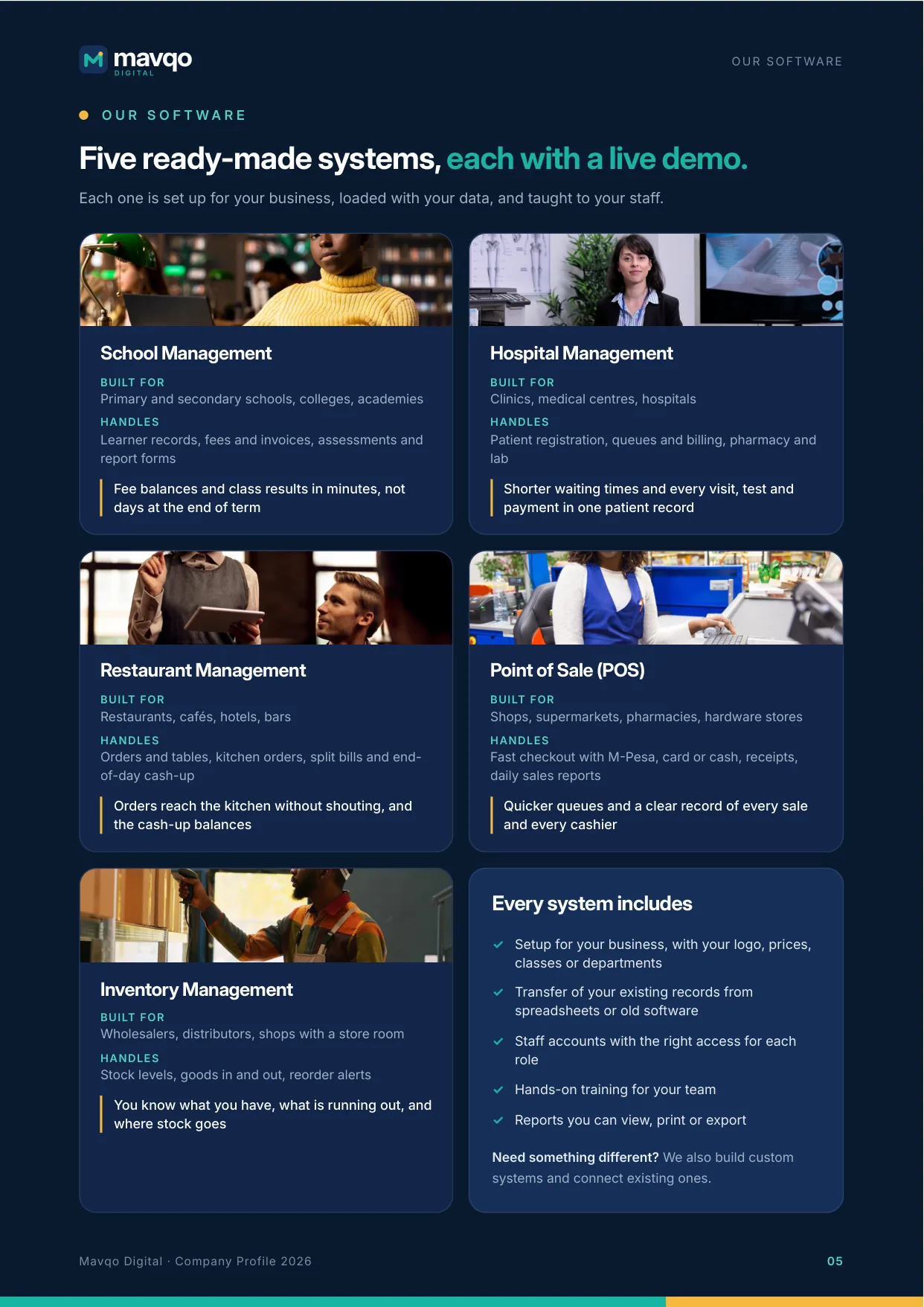 Page 5. Our software: school, hospital, restaurant, point of sale and inventory systems, each with a live demo.