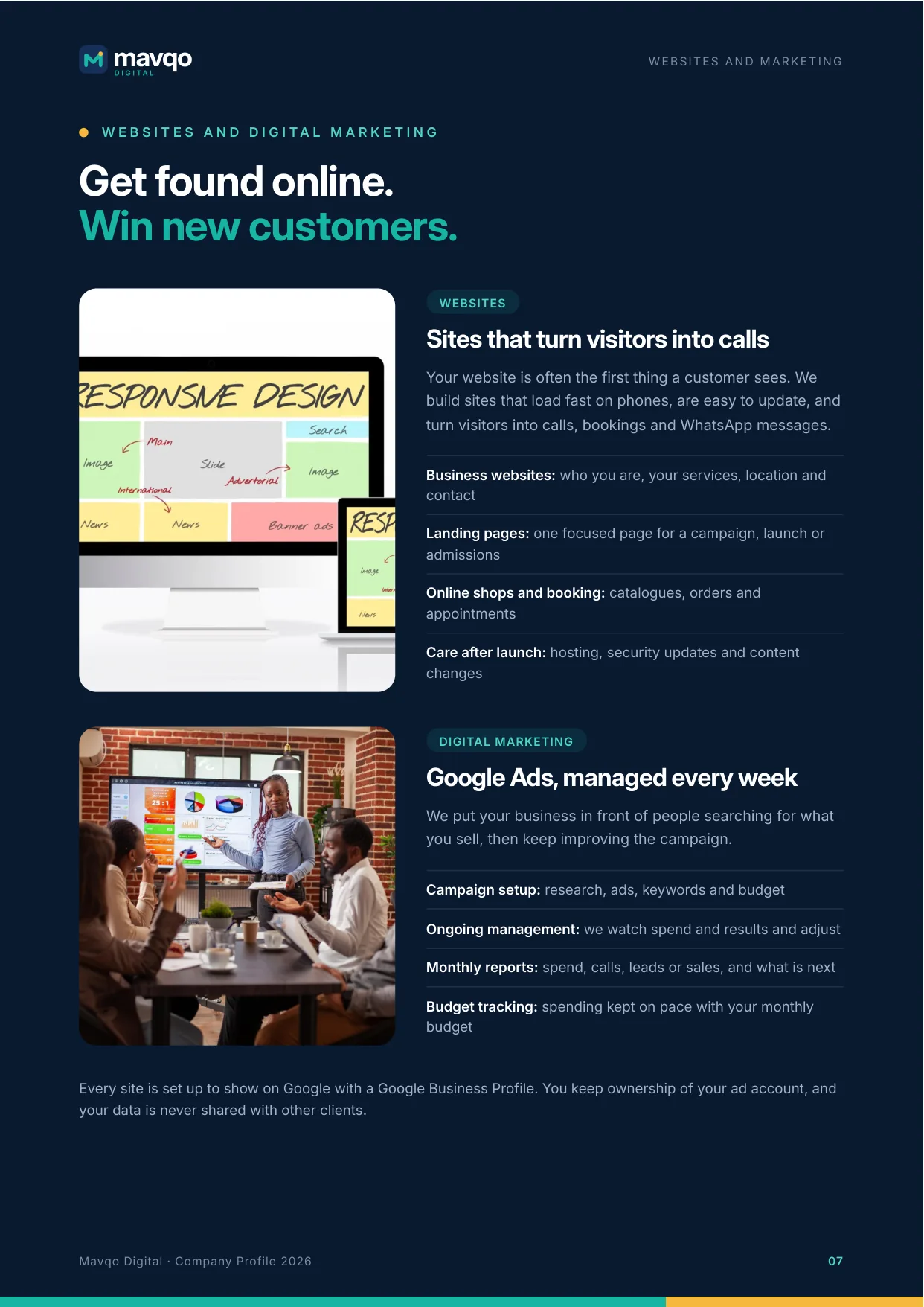 Page 7. Websites and digital marketing: sites that turn visitors into calls, and Google Ads managed every week.