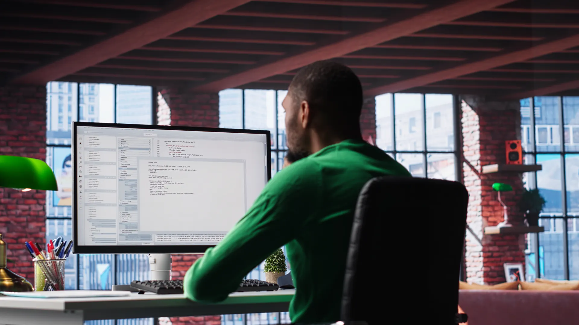 Developer writing code at a desktop computer in a modern office